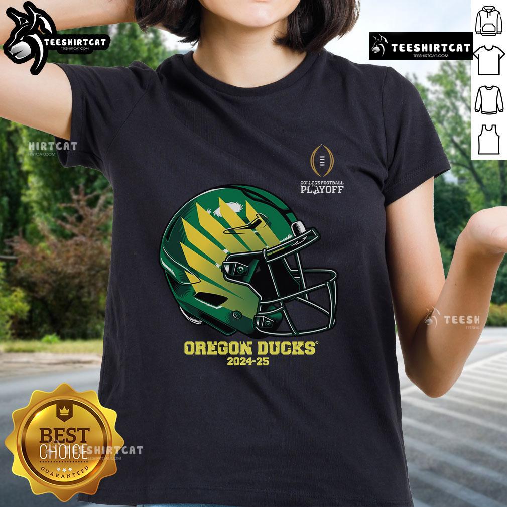 Alt Text: 2025 Oregon Ducks helmet graphic on a ladies tee, perfect for college football playoff fans.