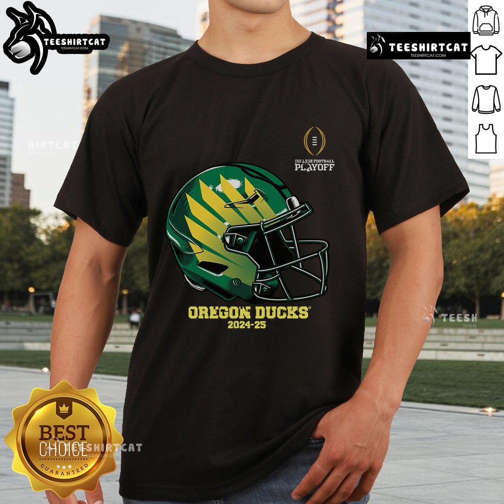Official College Football Playoff 2025 Oregon Ducks Helmet T-Shirt featuring vibrant team colors and logo design.