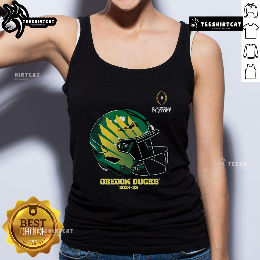 Alt Text: Oregon Ducks helmet graphic on a tank top, promoting the Official College Football Playoff 2025 design.