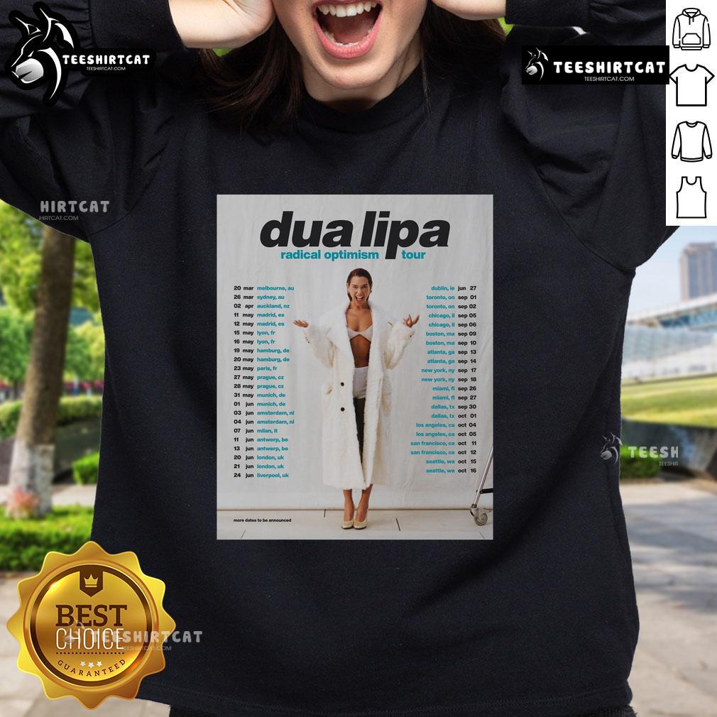 Alt Text: Official Dua Lipa Radical Optimism 2025 Tour sweatshirt featuring vibrant design and tour branding for fans.