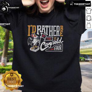 Official 'I'd Rather Be at the Canfield Fair' rooster sweatshirt featuring colorful design and cozy fabric.