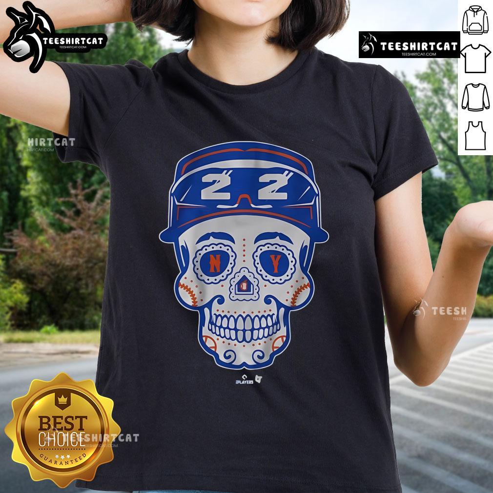 Official Juan Soto Queens Sugar Skull Ladies Tee featuring vibrant sugar skull design and stylish fit for fans.