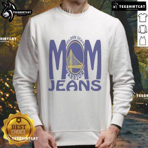 Alt Text: Official Mom Jeans Golden State Warriors Sweatshirt in blue, featuring team logo and cozy design for fans.