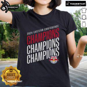 Official New York Red Bulls 2024 MLS Eastern Conference Champions ladies tee showcasing team pride and vibrant design.