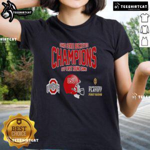 Ohio State Buckeyes Champions CFP First Round Game ladies tee featuring team logo and vibrant colors for college football fans.