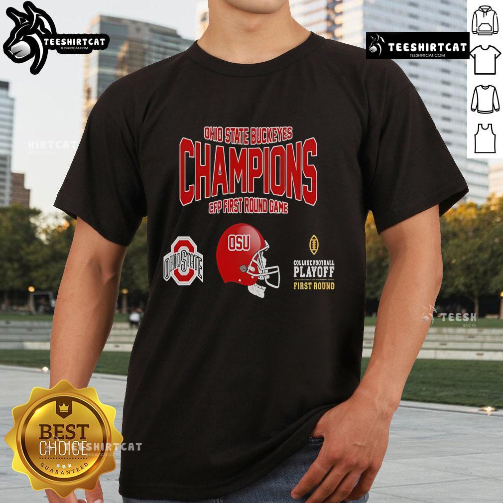 Official Ohio State Buckeyes Champions CFP First Round Game T-shirt showcasing OSU pride in college football playoffs.