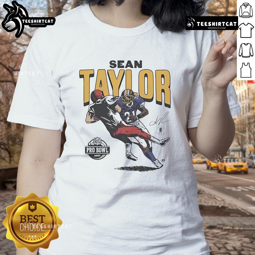 Official Sean Taylor Washington Commanders Homage 2007 Pro Bowl caricature ladies tee featuring vibrant artwork.