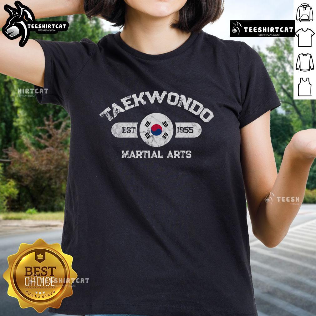 Alt Text: Official Taekwondo ladies tee established in 1955, showcasing martial arts pride and style for enthusiasts.