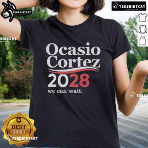 Official We Can Wait Ocasio-Cortez 2028 Ladies Tee showcasing stylish design for supporters of AOC's future campaign.