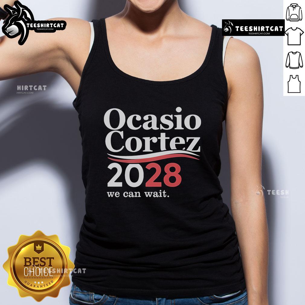 Official We Can Wait Ocasio-Cortez 2028 tank top featuring bold graphics and a stylish design for supporters.