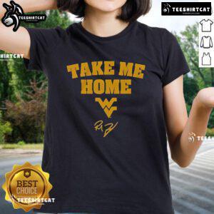 Official West Virginia Football Rich Rodriguez Take Me Home Ladies Tee in blue with team logo, perfect for WVU fans.