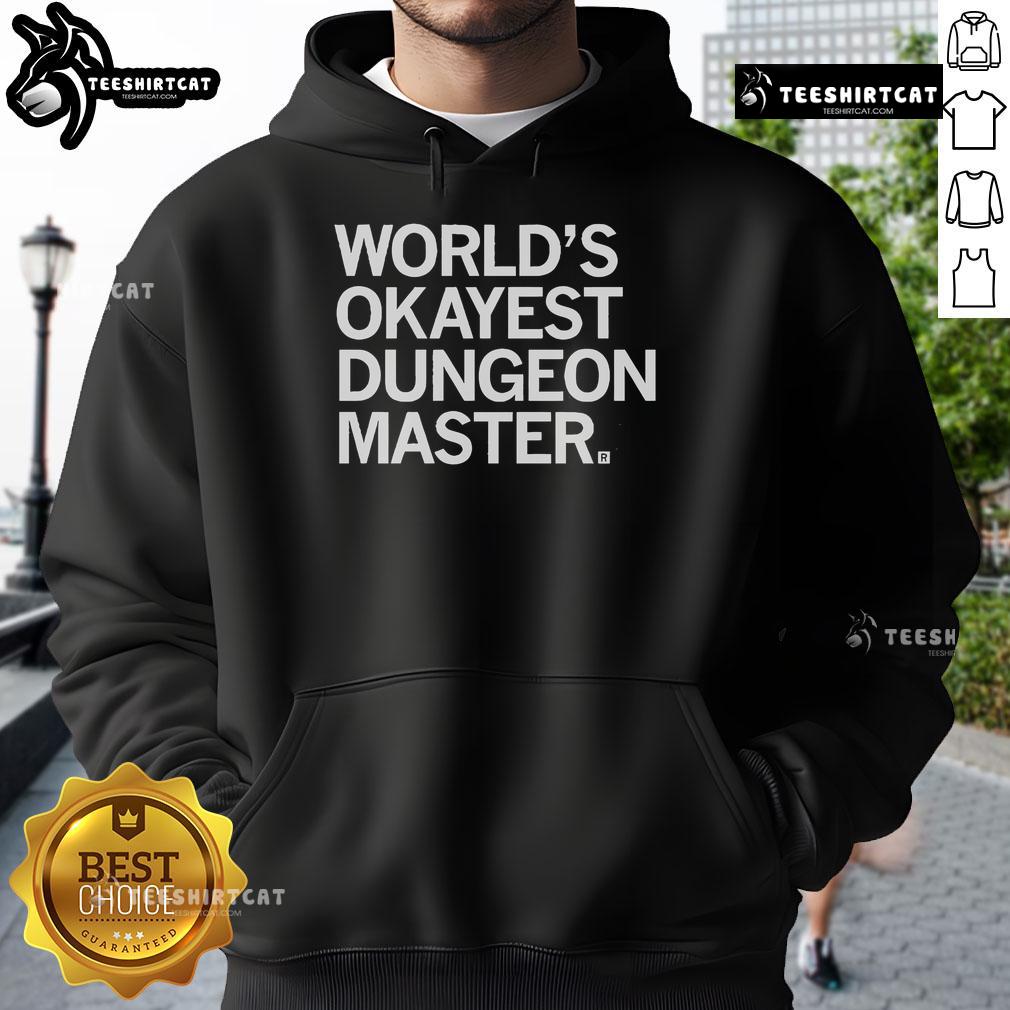 Cozy Official World's Okayest Dungeon Master Hoodie featuring a fun design for tabletop gaming enthusiasts.