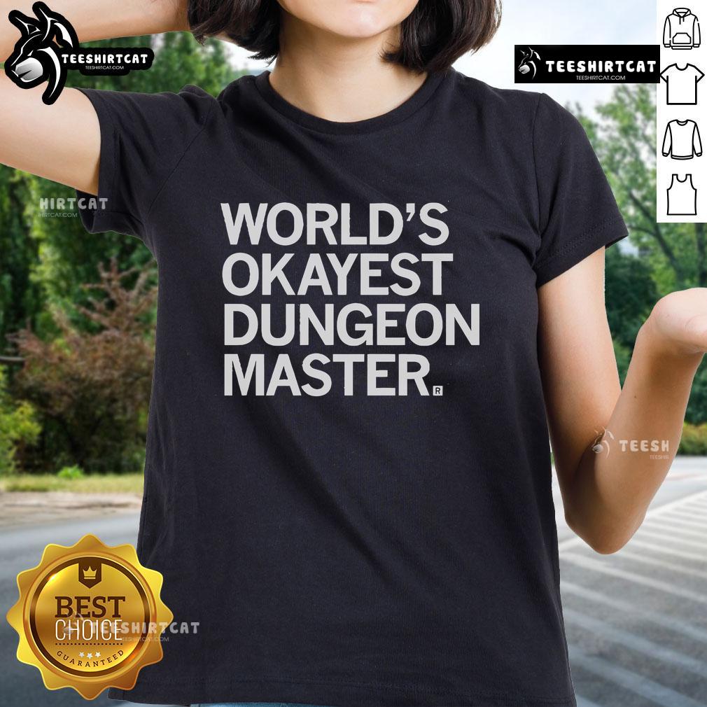 Official World's Okayest Dungeon Master Ladies Tee featuring a fun graphic, perfect for tabletop RPG fans and gamers.