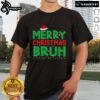 Premium Merry Christmas Bruh T-Shirt featuring festive Xmas lights and a Santa hat design, perfect for holiday celebrations.