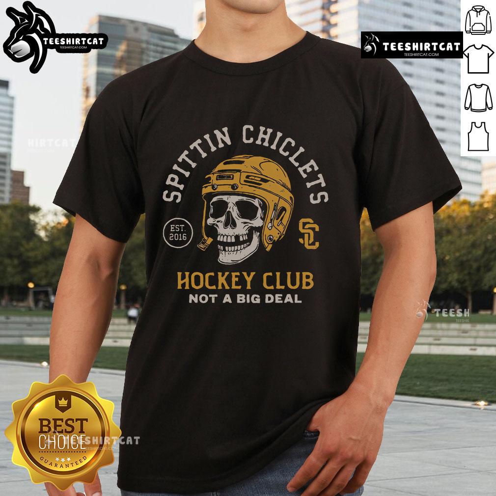 Alt Text: Pretty Spittin Chiclets Skull Helmet T-Shirt featuring a bold skull graphic and stylish design for hockey enthusiasts.