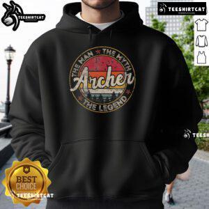 Personalized vintage sunset hoodie featuring 'Top Archer - The Man, The Myth, The Legend' design.