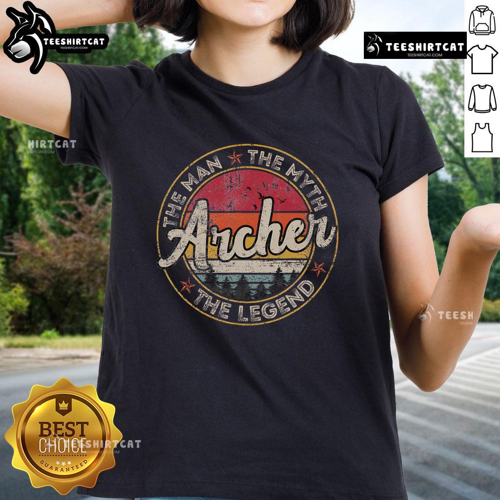 Vintage sunset ladies tee featuring 'Top Archer: The Man, The Myth, The Legend' personalized name design.