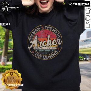 Vintage sunset sweatshirt featuring 'Top Archer: The Man, The Myth, The Legend' personalized name design.
