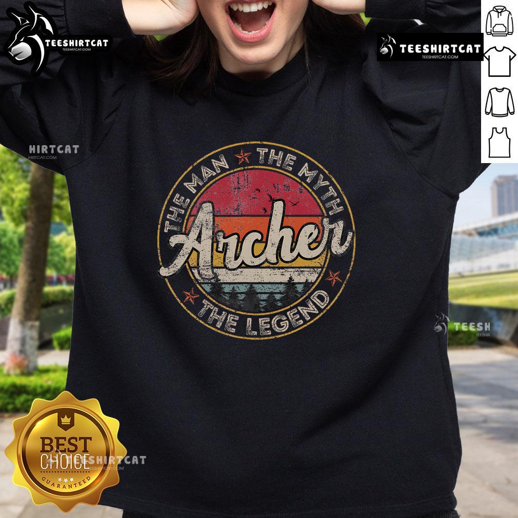 Vintage sunset sweatshirt featuring 'Top Archer: The Man, The Myth, The Legend' personalized name design.