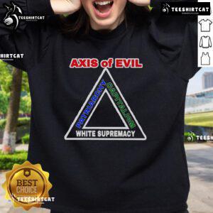 Top Axis of Evil sweatshirt featuring bold text against a dark background, highlighting patriarchy, capitalism, and white supremacy.