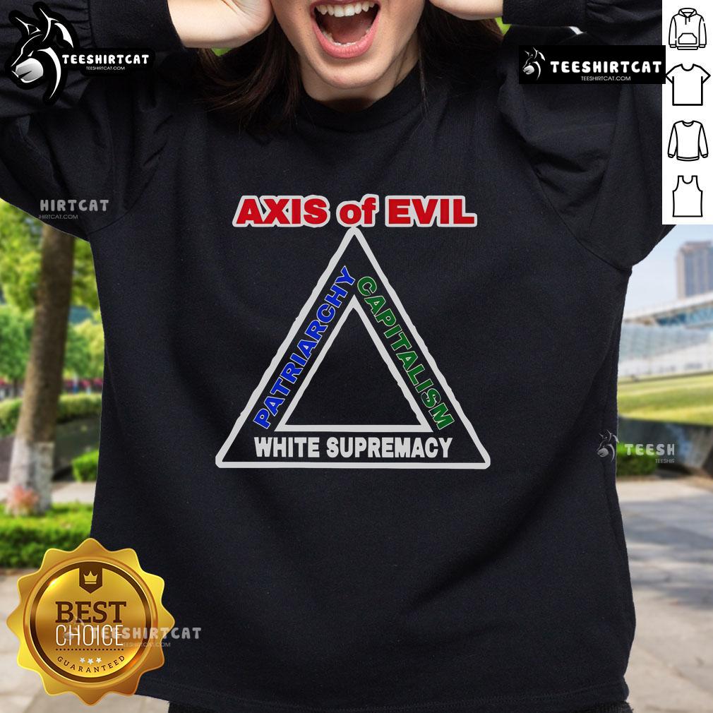 Top Axis of Evil sweatshirt featuring bold text against a dark background, highlighting patriarchy, capitalism, and white supremacy.