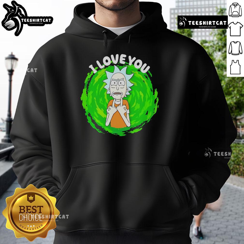 Top Rick Sanchez 'I Love You' cartoon hoodie featuring vibrant colors and a playful design for fans of the show.