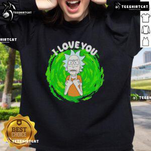 Top Rick Sanchez 'I Love You' cartoon sweatshirt featuring vibrant graphics and comfortable fit for fans of the show.