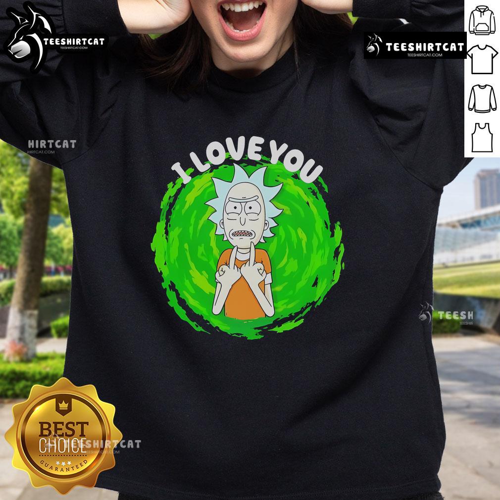 Top Rick Sanchez 'I Love You' cartoon sweatshirt featuring vibrant graphics and comfortable fit for fans of the show.