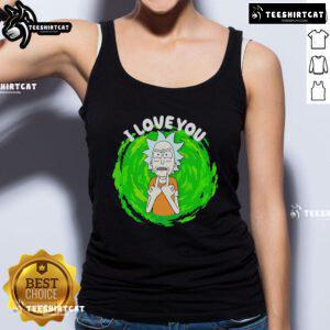 Cartoon tank top featuring Rick Sanchez with 'I Love You' text, perfect for fans of Rick and Morty.