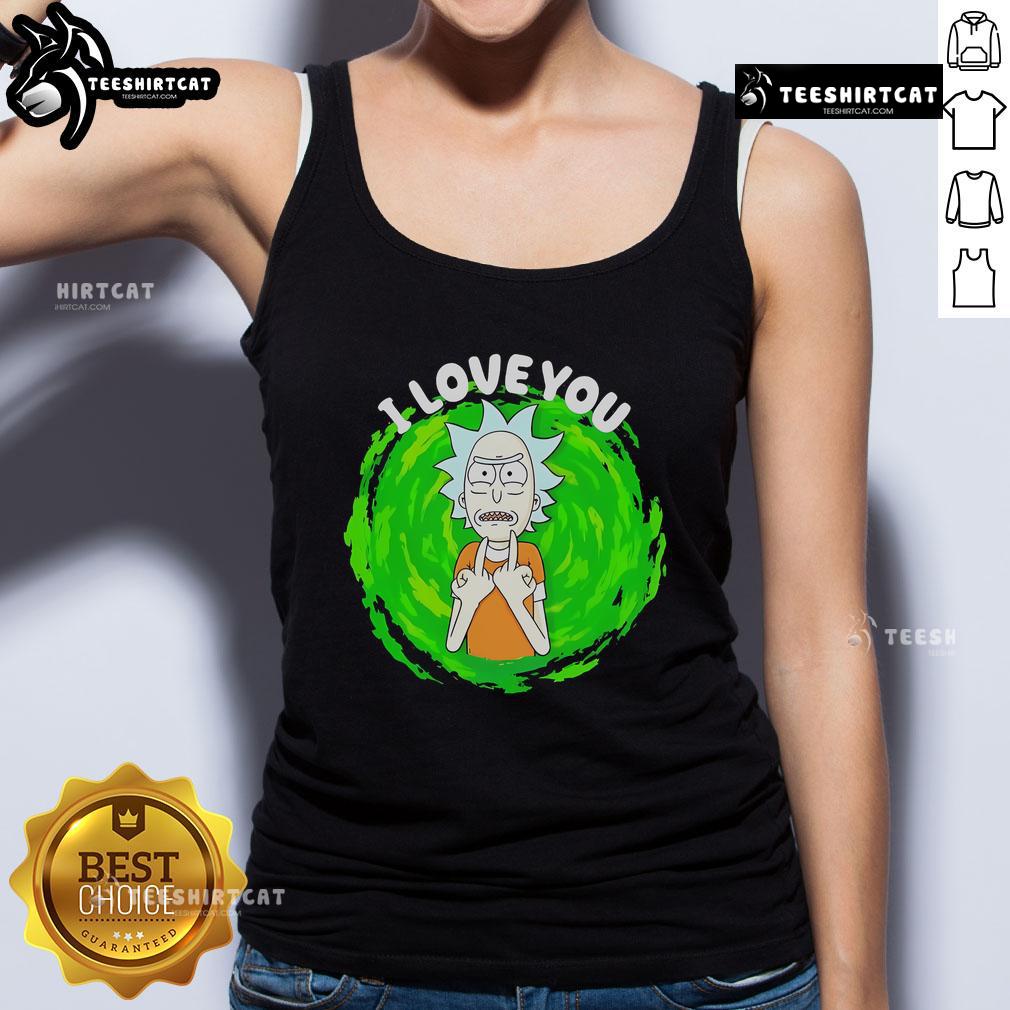 Cartoon tank top featuring Rick Sanchez with 'I Love You' text, perfect for fans of Rick and Morty.
