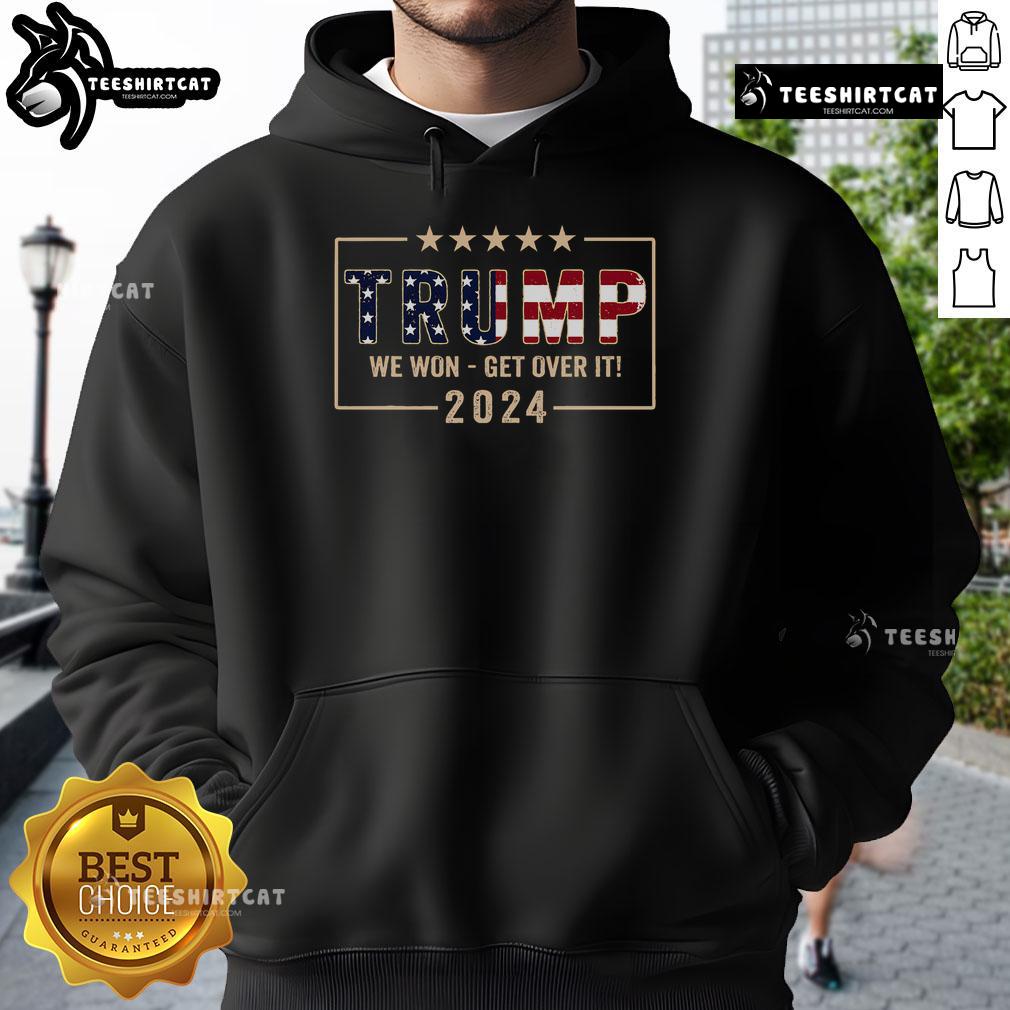 Alt Text: Top Trump 2024 flag hoodie featuring JD Vance and 'Trump Won, Get Over It' slogan for supporters.