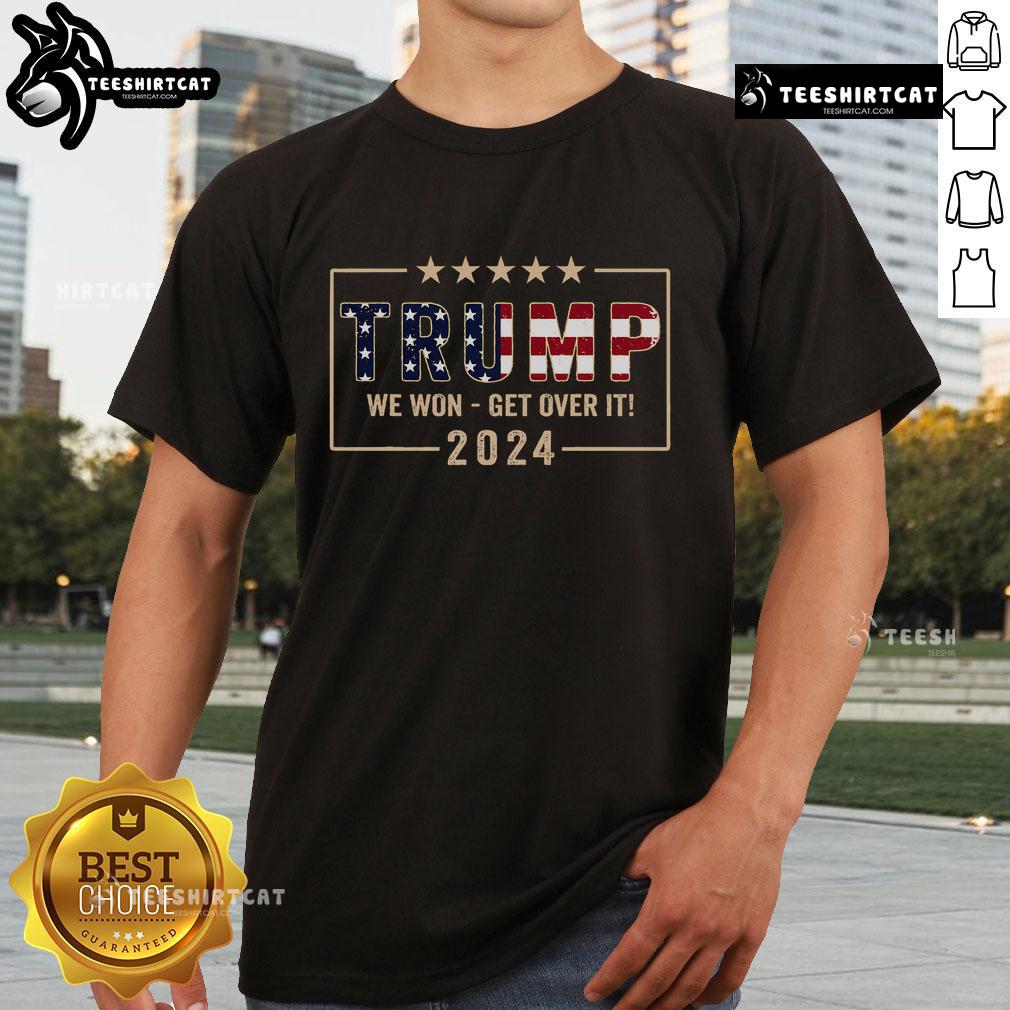 Top Trump 2024 Flag Victory T-Shirt featuring JD Vance for President 47, showcasing Trump Won Get Over It slogan.