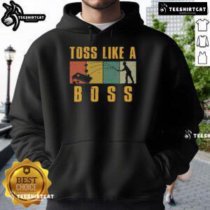 Funny Cornhole Toss Like A Boss Retro Hoodie displayed on a model, perfect for cornhole enthusiasts and casual wear.