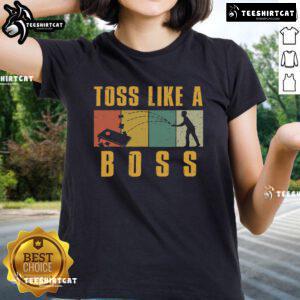 Funny Cornhole Toss Like A Boss Retro Ladies Tee featuring playful graphics and a stylish fit for cornhole enthusiasts.