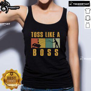 Funny cornhole toss like a boss retro tank top displayed on a mannequin, perfect for summer barbecues and game days.