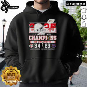 Ohio State Buckeyes 2025 CFP National Championship hoodie in red, featuring team logo and bold championship graphics.