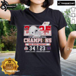 Good Ohio State Buckeyes 2025 CFP National Championship ladies tee featuring team colors and logo for fans.