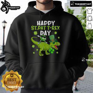 Happy St. Pat's T-Rex wearing a shamrock hoodie for St. Patrick's Day celebration.