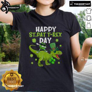 Happy St. Pat's T-Rex Day tee featuring a dino with shamrocks, perfect for St. Patrick's Day celebrations.