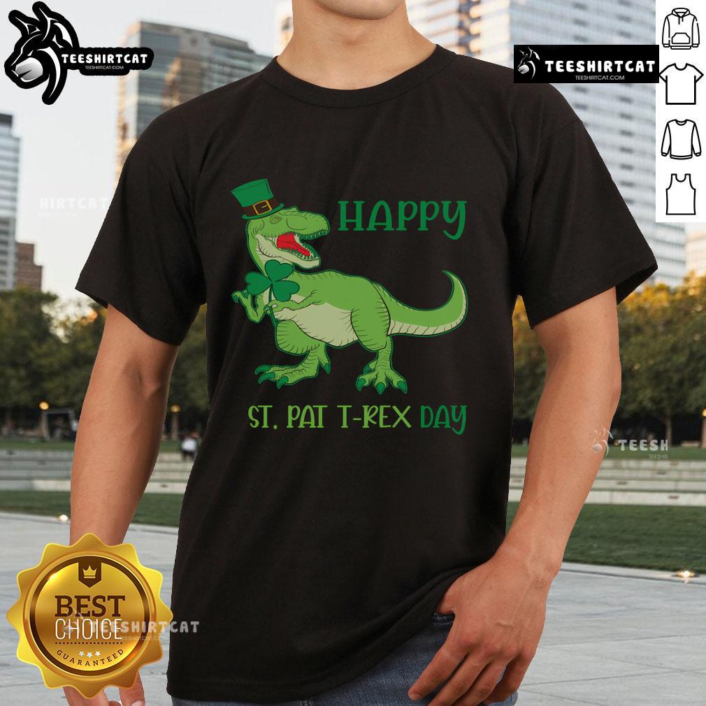Happy St Pat T-Rex Day T-Shirt featuring a cheerful dinosaur in St. Patrick's Day themes and vibrant green colors.