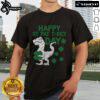 Happy St Pat T-Rex dinosaur wearing a green hat on an Irish t-shirt for St. Patrick's Day celebration.