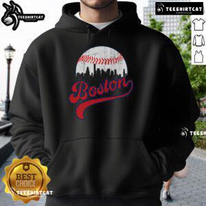 Retro skyline of Boston featuring baseball graphics on a cozy hoodie, perfect for fans and fashion lovers alike.