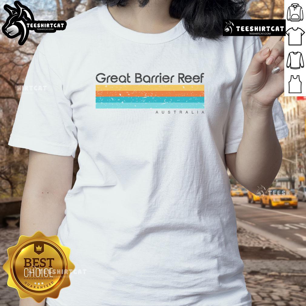 Vintage Great Barrier Reef Islands Australia retro ladies tee showcasing colorful tropical designs and relaxed fit.