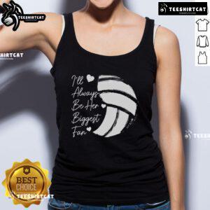 Mom wearing a 'Nice Volleyball Mom' tank top, cheering for her biggest fan at a volleyball game, showcasing support and pride.