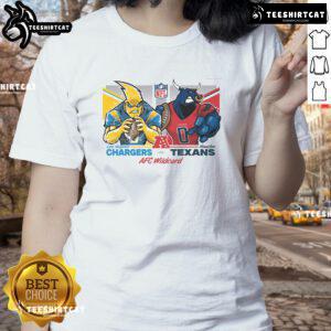 Alt Text: Los Angeles Chargers vs Houston Texans mascot 2025 ladies tee showcasing team spirit for AFC Wildcard matchup.