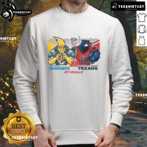 Los Angeles Chargers vs Houston Texans mascot on 2025 AFC Wildcard matchup sweatshirt, showcasing team spirit and branding.