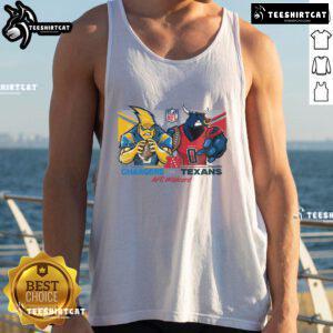 Los Angeles Chargers vs. Houston Texans mascot wearing a 2025 AFC Wildcard matchup tank top, showcasing team spirit.