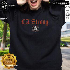 Alt Text: Official Anaheim Ducks Fanatics Black LA Strong Fleece Pullover Sweatshirt showcasing team logo and cozy design.