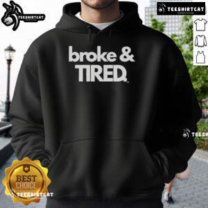 Official Broke and Tired Calley Blue Hoodie displayed on a hanger, showcasing its stylish design and comfortable fabric.