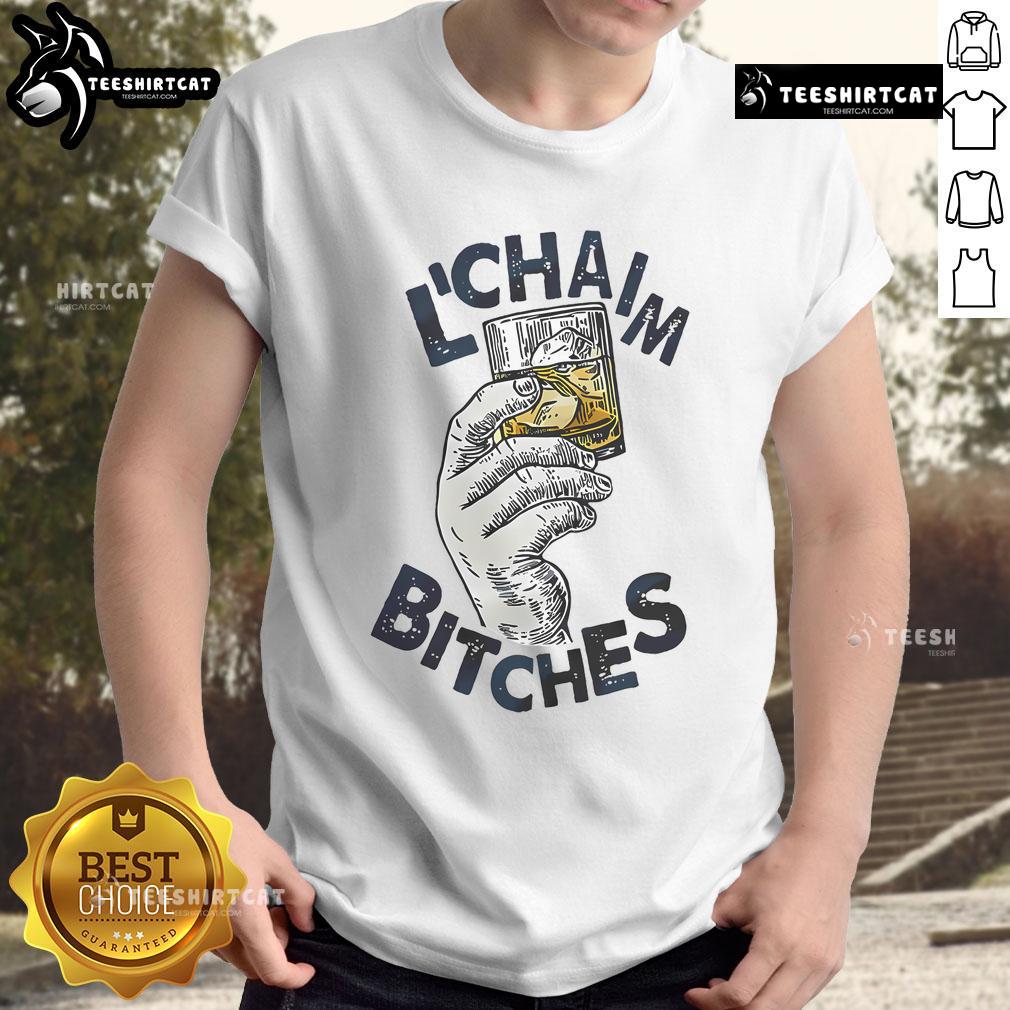 Official Lchaim Bitches Hanukkah T-Shirt featuring festive design and vibrant colors, perfect for celebrating the holiday.